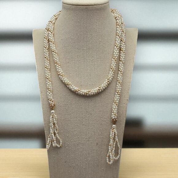 Pearl Beaded Tassel Necklace Long Rope Flapper Style Vintage Jewelry - Picture 3 of 8
